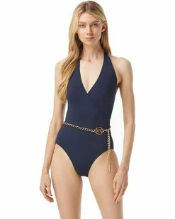 MICHAEL Michael Kors Chain Solid V-Neck Halter One-Piece | Swimwear